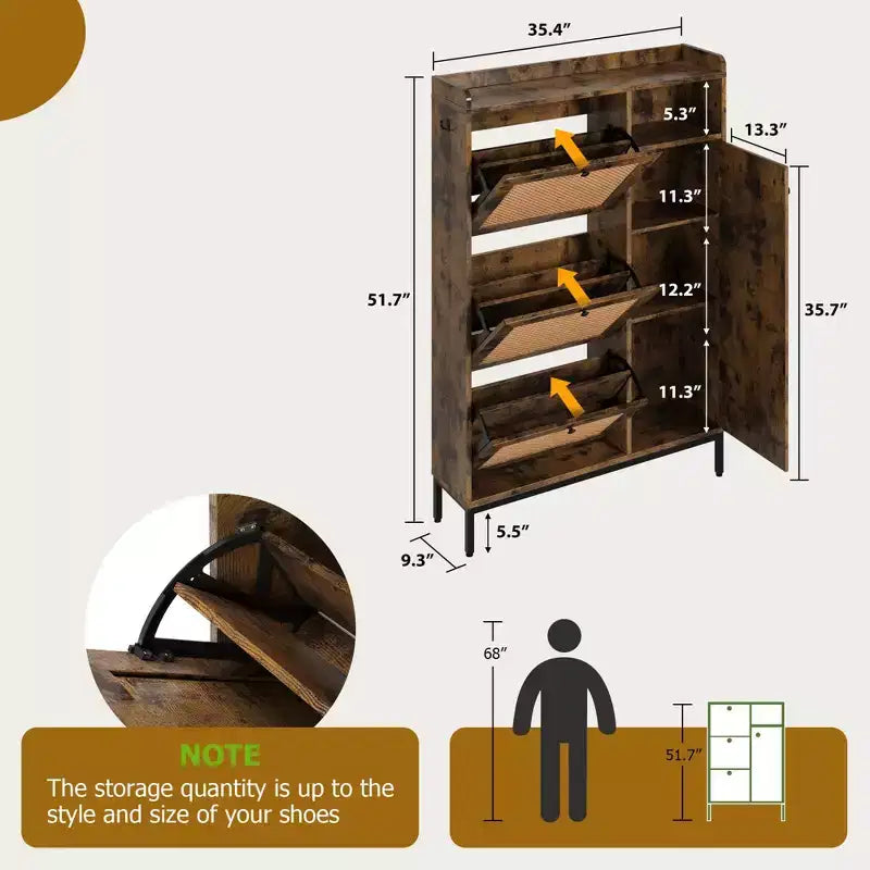 3-Drawer Rattan Shoe Storage Cabinet Freestanding Organizer for Entryway/Hallway (Easy Assembly)