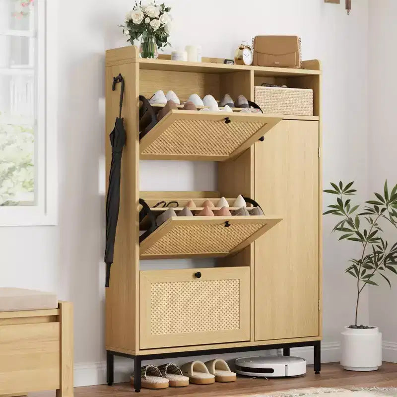 3-Drawer Rattan Shoe Storage Cabinet Freestanding Organizer for Entryway/Hallway (Easy Assembly)