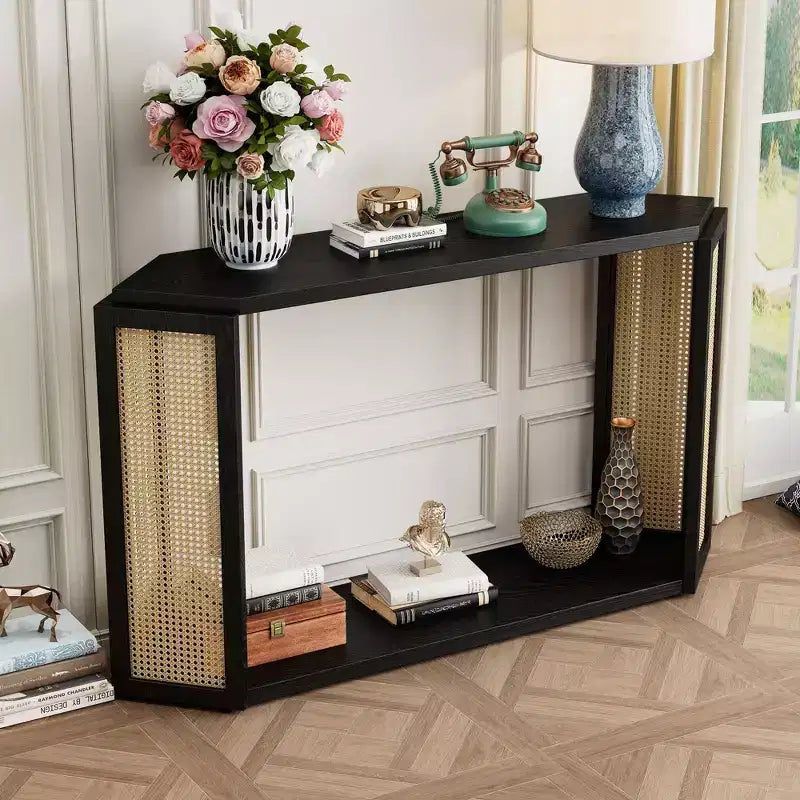 Okak 53.54IN Farmhouse Entryway Table with Hexagon Top Design, Console Table with Rattan Decorated Legs, Accent Table for Living Room, Foyer, Black