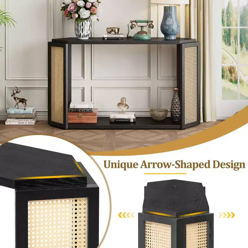 Okak 53.54IN Farmhouse Entryway Table with Hexagon Top Design, Console Table with Rattan Decorated Legs, Accent Table for Living Room, Foyer, Black