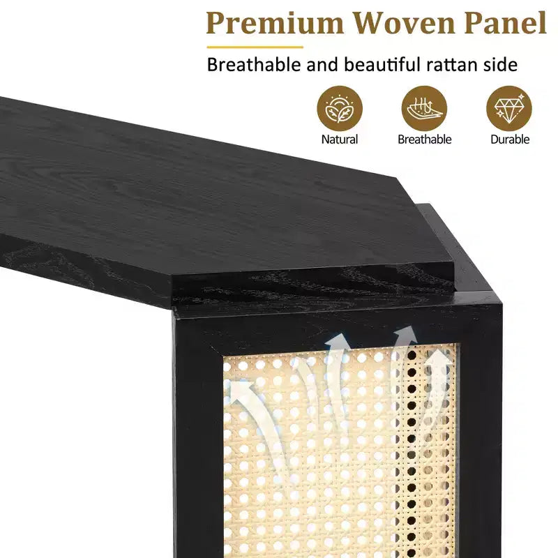 Okak 53.54IN Farmhouse Entryway Table with Hexagon Top Design, Console Table with Rattan Decorated Legs, Accent Table for Living Room, Foyer, Black