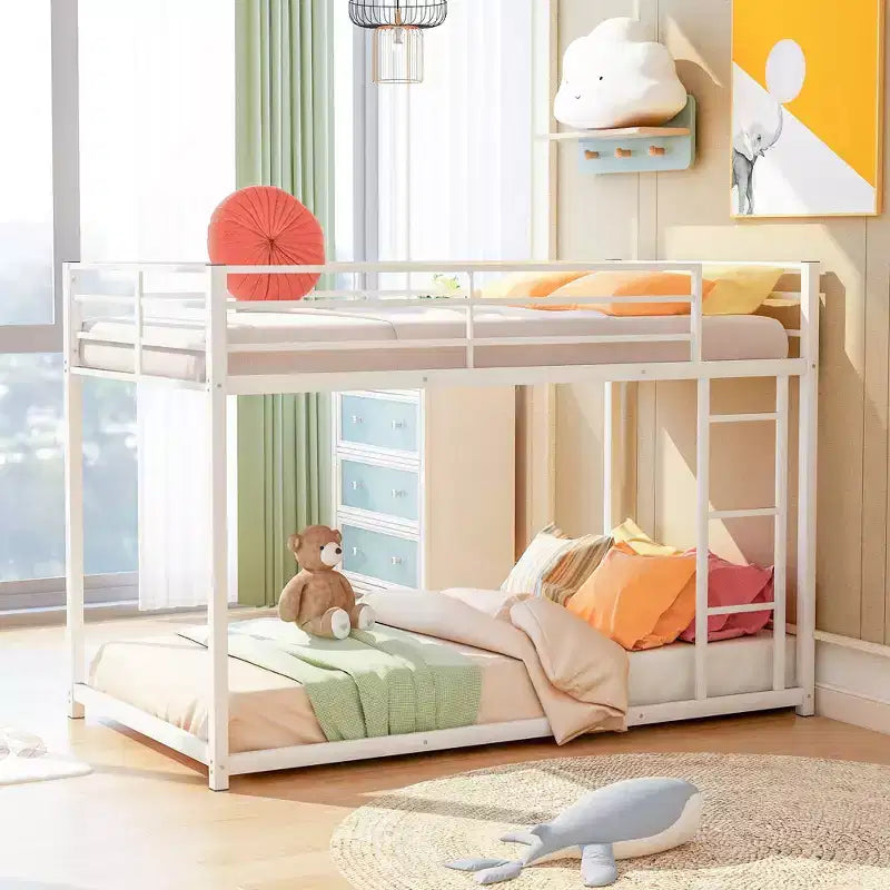 Okak 77.1IN Twin-Over-Twin Size Metal Floor Bunk Bed, Twin Bed with Ladder and Safety Guardrail, Kids Bunk Beds for Bedroom, Dormitory, White