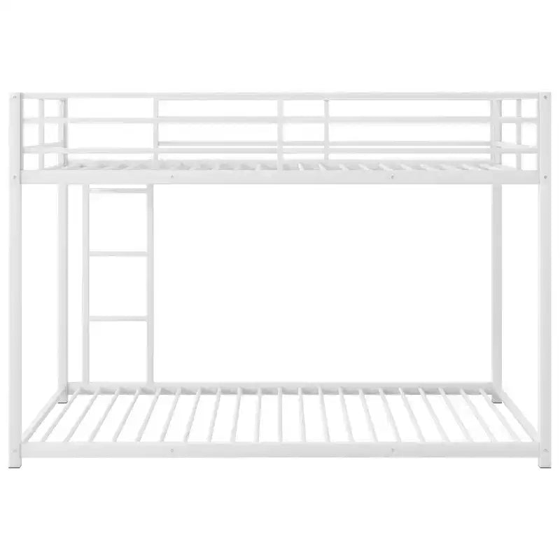 Okak 77.1IN Twin-Over-Twin Size Metal Floor Bunk Bed, Twin Bed with Ladder and Safety Guardrail, Kids Bunk Beds for Bedroom, Dormitory, White