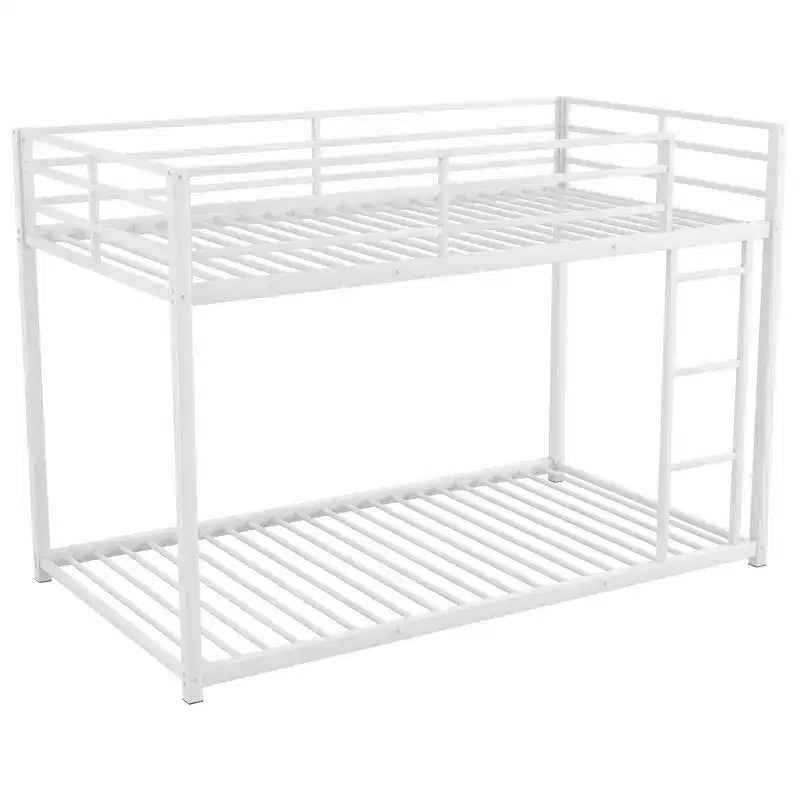Okak 77.1IN Twin-Over-Twin Size Metal Floor Bunk Bed, Twin Bed with Ladder and Safety Guardrail, Kids Bunk Beds for Bedroom, Dormitory, White