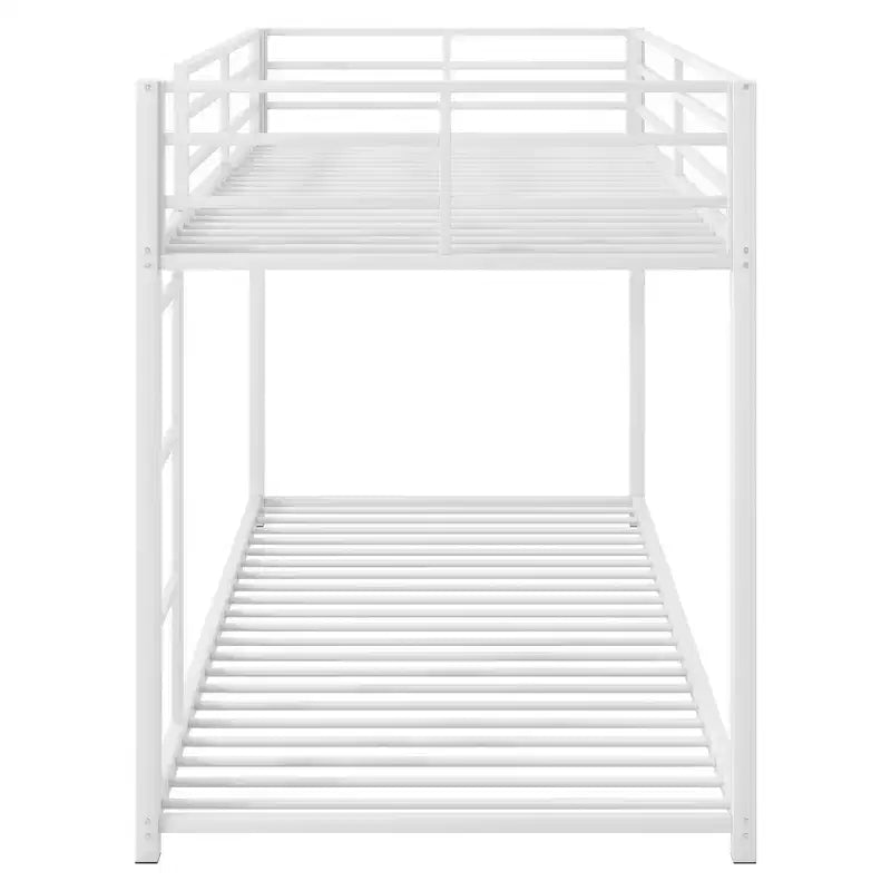 Okak 77.1IN Twin-Over-Twin Size Metal Floor Bunk Bed, Twin Bed with Ladder and Safety Guardrail, Kids Bunk Beds for Bedroom, Dormitory, White