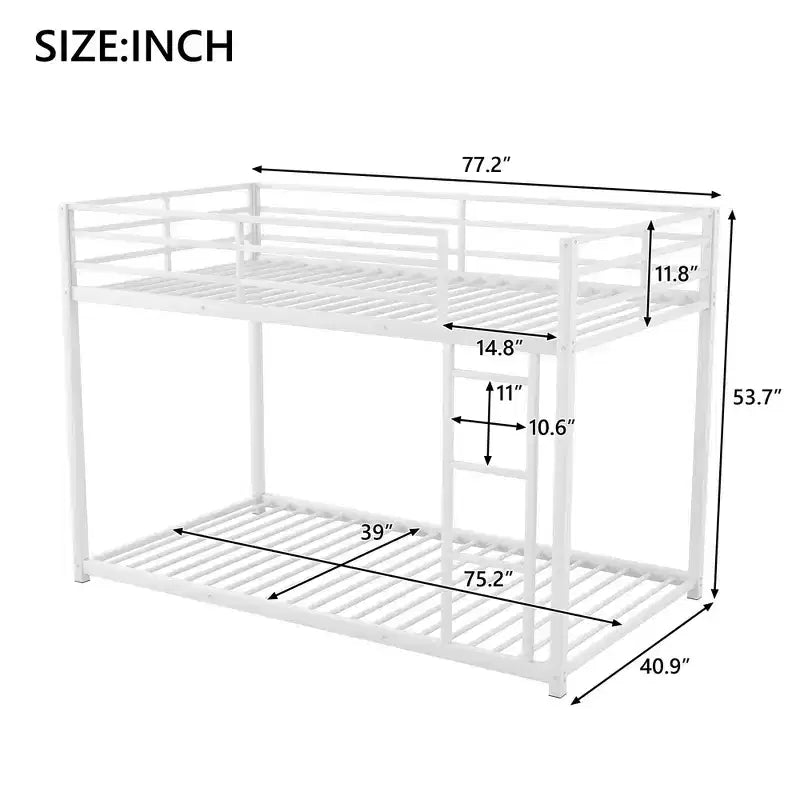 Okak 77.1IN Twin-Over-Twin Size Metal Floor Bunk Bed, Twin Bed with Ladder and Safety Guardrail, Kids Bunk Beds for Bedroom, Dormitory, White