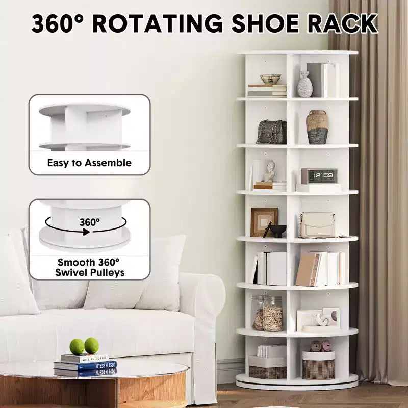 White 7-Tier Rotating Shoe Rack C 360 Spinning Organizer for Entryway/Living Room (Free-Standing Carousel Design)