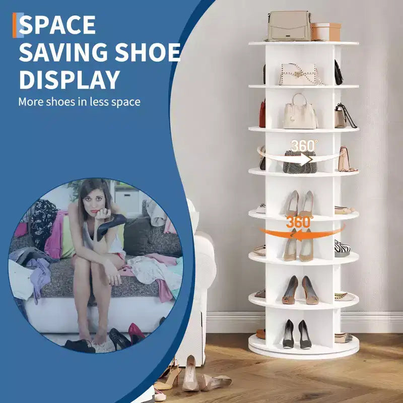 White 7-Tier Rotating Shoe Rack C 360 Spinning Organizer for Entryway/Living Room (Free-Standing Carousel Design)