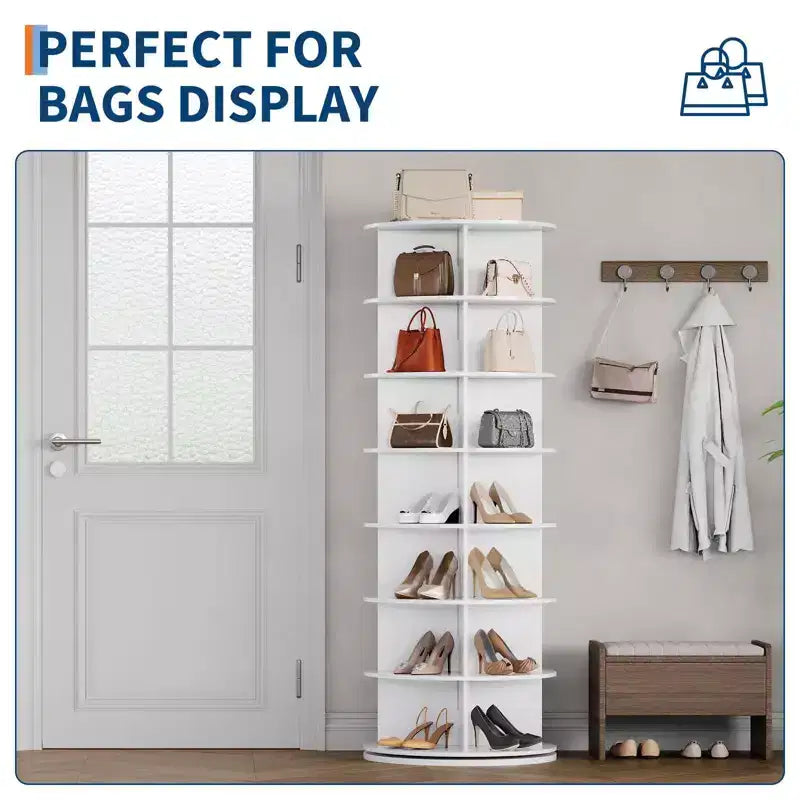 White 7-Tier Rotating Shoe Rack C 360 Spinning Organizer for Entryway/Living Room (Free-Standing Carousel Design)