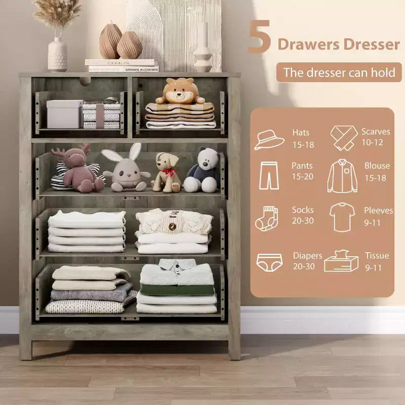5 Drawer Dresser for Bedroom, Modern Tall Dresser Organizer with Storage Drawers, Wooden Chests of Drawers for Bedroom, Entryway, Hallway,Home Office