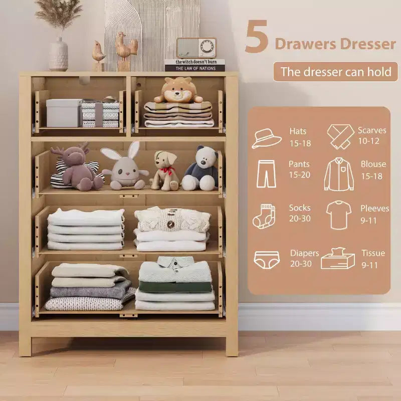 5 Drawer Dresser for Bedroom, Modern Tall Dresser Organizer with Storage Drawers, Wooden Chests of Drawers for Bedroom, Entryway, Hallway,Home Office
