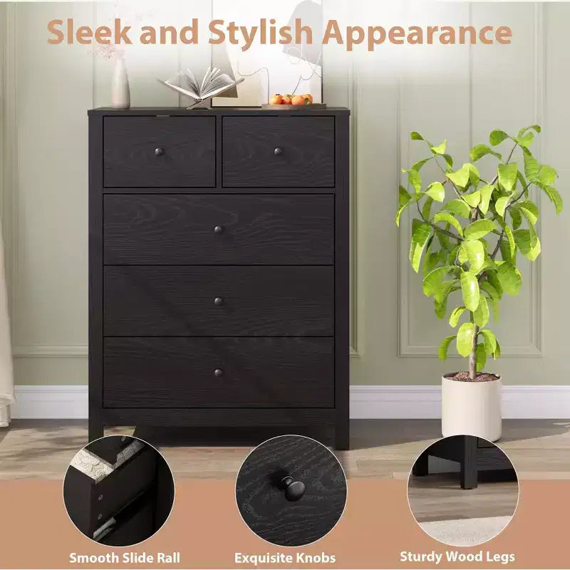 5 Drawer Dresser for Bedroom, Modern Tall Dresser Organizer with Storage Drawers, Wooden Chests of Drawers for Bedroom, Entryway, Hallway,Home Office