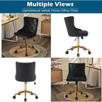 VINGLI Black Velvet Armless Home Office Desk Chair with Gold Base/Wheels, Small Cute Vanity/Makeup Chairk, Upholstered Adjustable Swivel Nail Chair