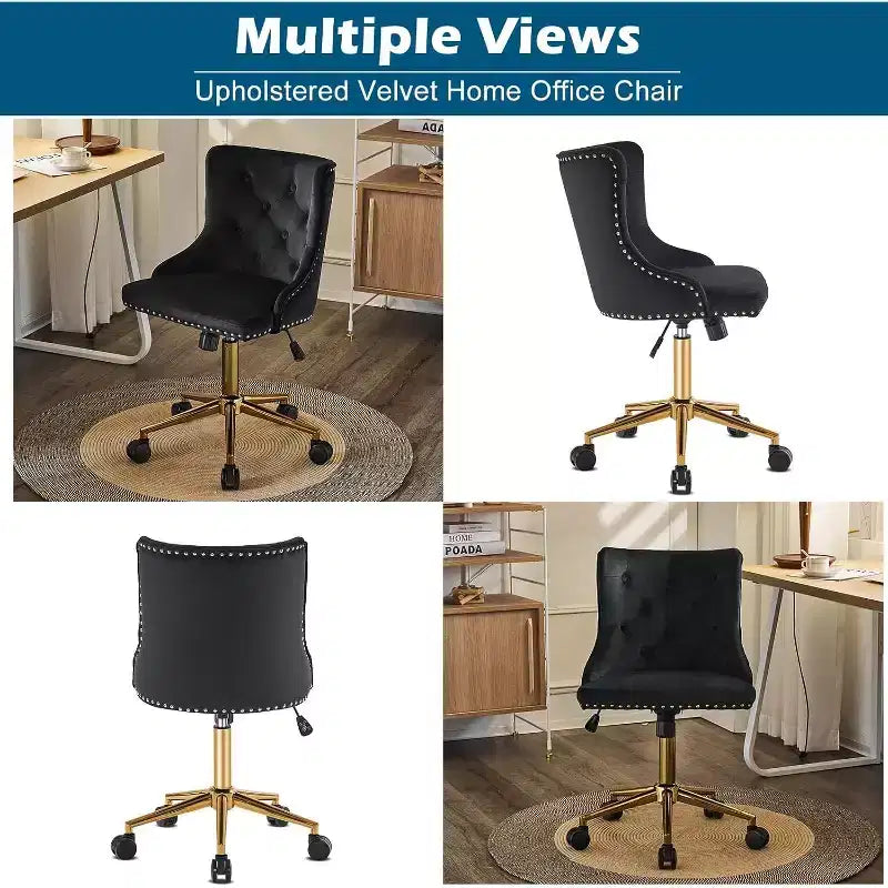 VINGLI Black Velvet Armless Home Office Desk Chair with Gold Base/Wheels, Small Cute Vanity/Makeup Chairk, Upholstered Adjustable Swivel Nail Chair