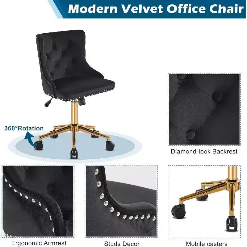 VINGLI Black Velvet Armless Home Office Desk Chair with Gold Base/Wheels, Small Cute Vanity/Makeup Chairk, Upholstered Adjustable Swivel Nail Chair