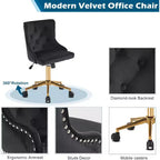 VINGLI Black Velvet Armless Home Office Desk Chair with Gold Base/Wheels, Small Cute Vanity/Makeup Chairk, Upholstered Adjustable Swivel Nail Chair