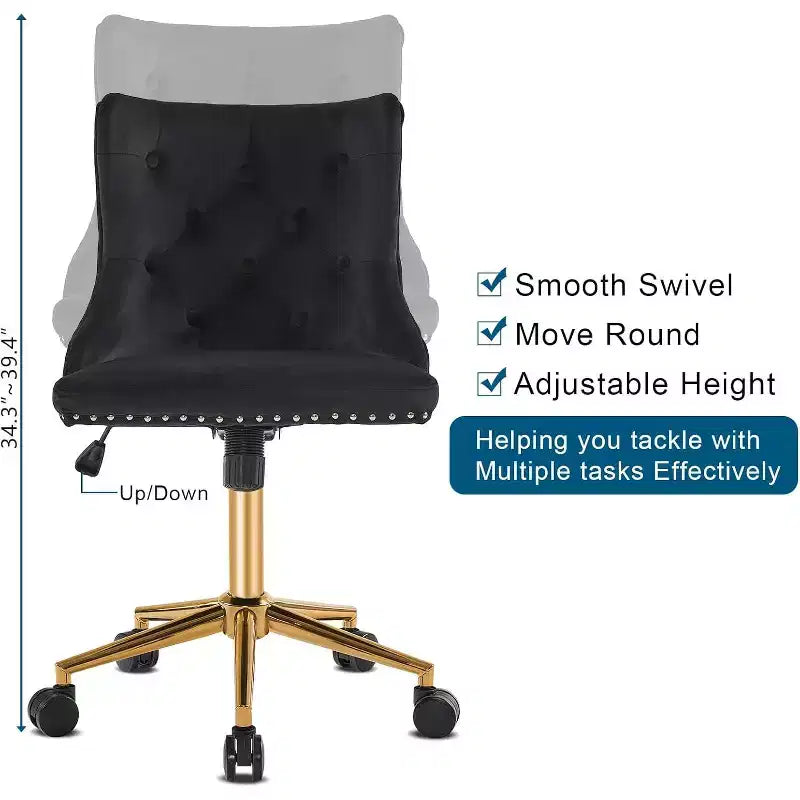 VINGLI Black Velvet Armless Home Office Desk Chair with Gold Base/Wheels, Small Cute Vanity/Makeup Chairk, Upholstered Adjustable Swivel Nail Chair