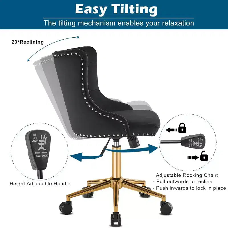 VINGLI Black Velvet Armless Home Office Desk Chair with Gold Base/Wheels, Small Cute Vanity/Makeup Chairk, Upholstered Adjustable Swivel Nail Chair