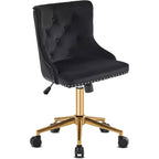 VINGLI Black Velvet Armless Home Office Desk Chair with Gold Base/Wheels, Small Cute Vanity/Makeup Chairk, Upholstered Adjustable Swivel Nail Chair