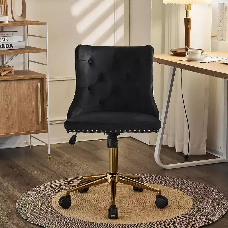VINGLI Black Velvet Armless Home Office Desk Chair with Gold Base/Wheels, Small Cute Vanity/Makeup Chairk, Upholstered Adjustable Swivel Nail Chair