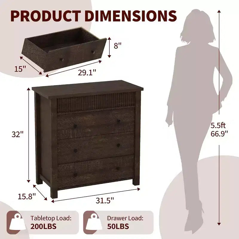 Fluted 3-Drawer Dresser & Nightstand, Wooden Chest with Storage for Bedroom, Living Room, Hallway or Entryway