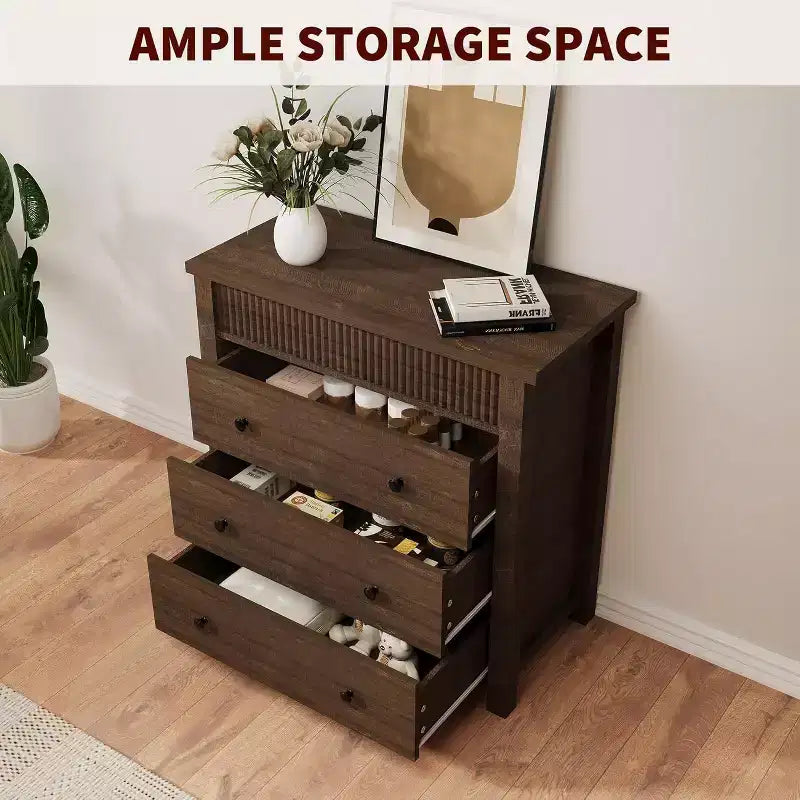 Fluted 3-Drawer Dresser & Nightstand, Wooden Chest with Storage for Bedroom, Living Room, Hallway or Entryway