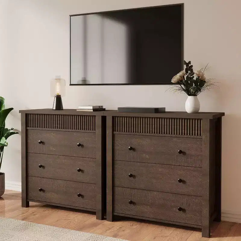 Fluted 3-Drawer Dresser & Nightstand, Wooden Chest with Storage for Bedroom, Living Room, Hallway or Entryway