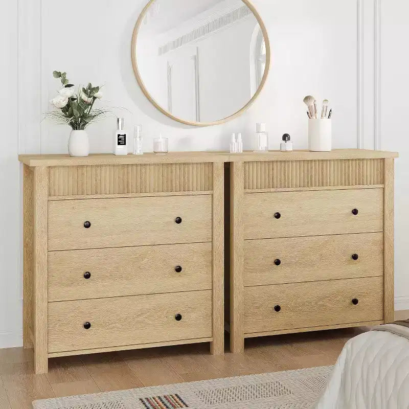 Fluted 3-Drawer Dresser & Nightstand, Wooden Chest with Storage for Bedroom, Living Room, Hallway or Entryway