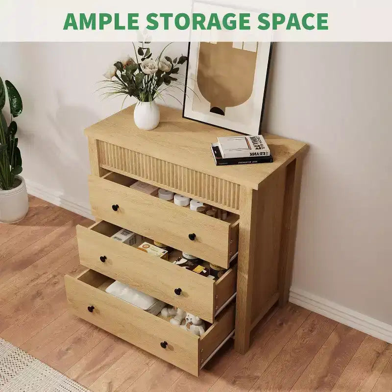 Fluted 3-Drawer Dresser & Nightstand, Wooden Chest with Storage for Bedroom, Living Room, Hallway or Entryway