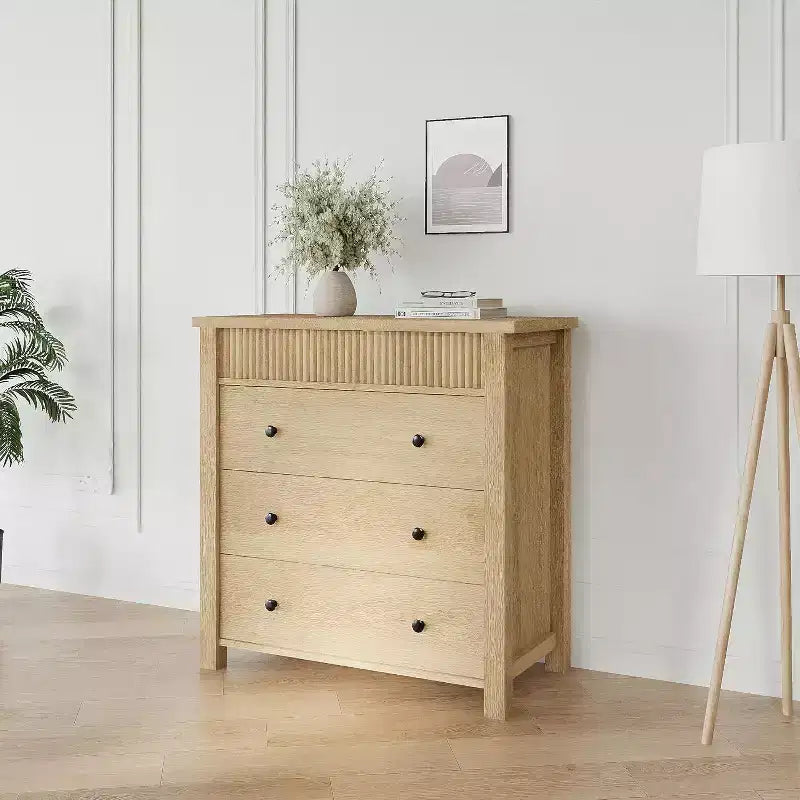 Fluted 3-Drawer Dresser & Nightstand, Wooden Chest with Storage for Bedroom, Living Room, Hallway or Entryway