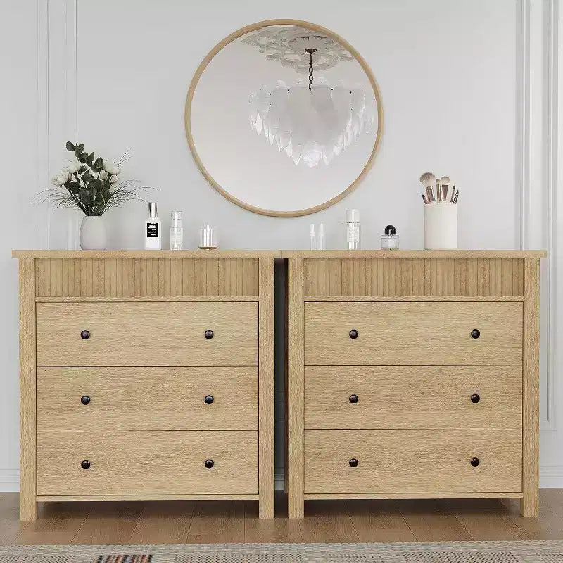 Fluted 3-Drawer Dresser & Nightstand, Wooden Chest with Storage for Bedroom, Living Room, Hallway or Entryway