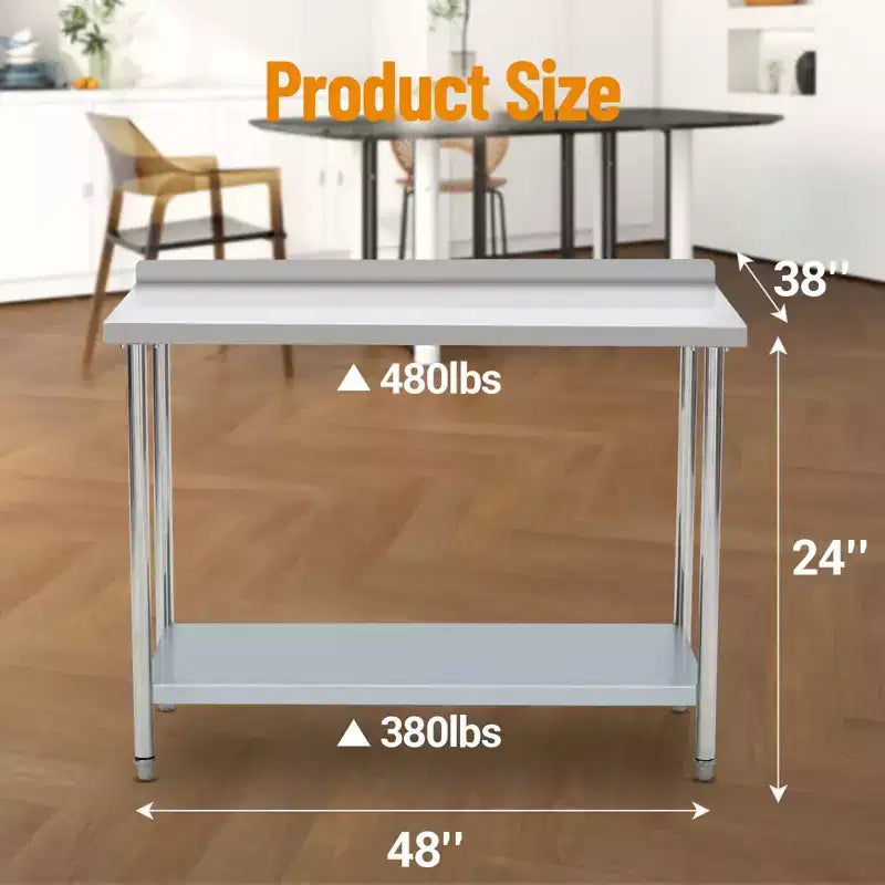 Stainless Steel Table 48x24, Heavy Duty Metal Commercial Prep Table with Storage Racks and Back Panel for Restaurant Kitchens, Home Hotel, Food Prep