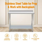Stainless Steel Table 48x24, Heavy Duty Metal Commercial Prep Table with Storage Racks and Back Panel for Restaurant Kitchens, Home Hotel, Food Prep