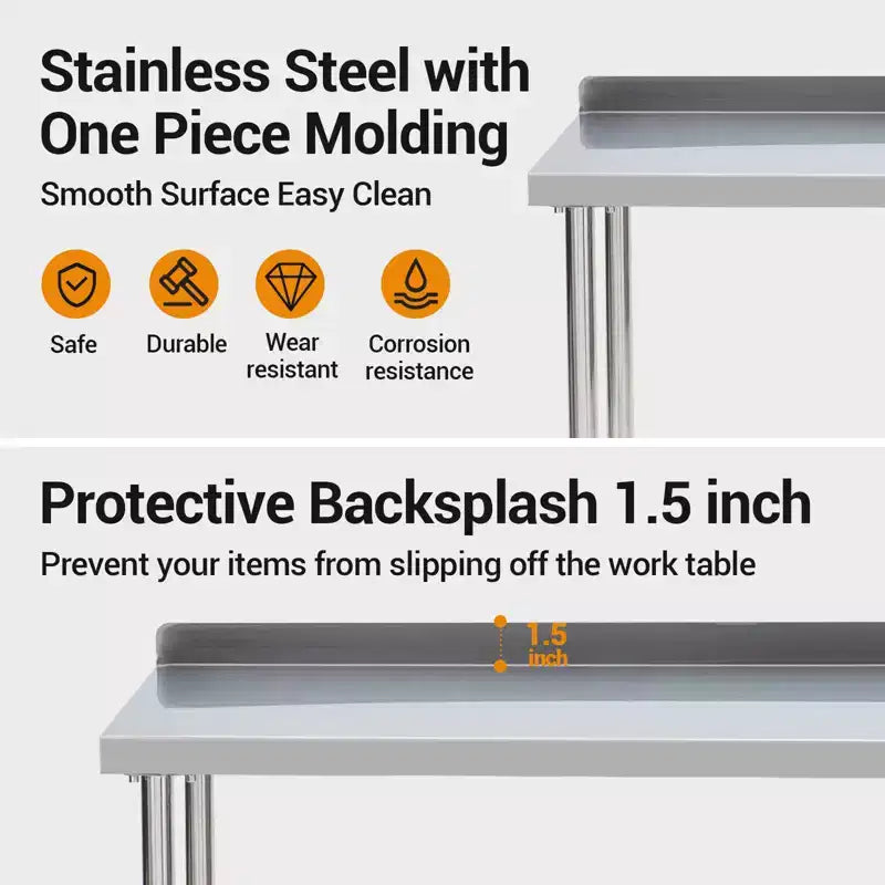 Stainless Steel Table 48x24, Heavy Duty Metal Commercial Prep Table with Storage Racks and Back Panel for Restaurant Kitchens, Home Hotel, Food Prep