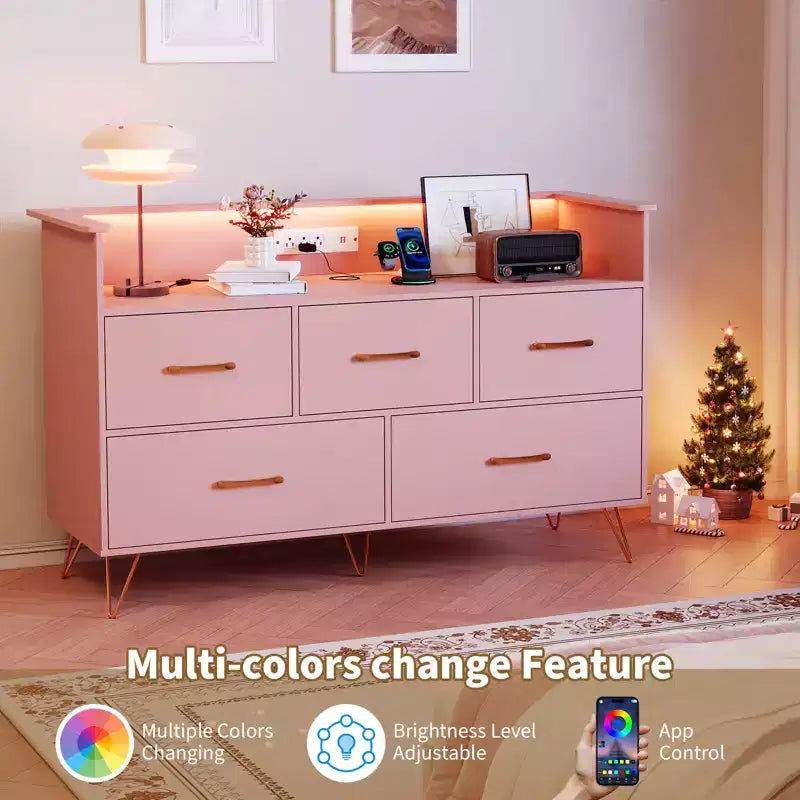 COZONY 5-Drawer Wood Dresser with Display Shelf, Modern Storage Cabinet for Bedroom Living Room Entryway