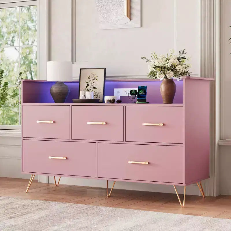 COZONY 5-Drawer Wood Dresser with Display Shelf, Modern Storage Cabinet for Bedroom Living Room Entryway