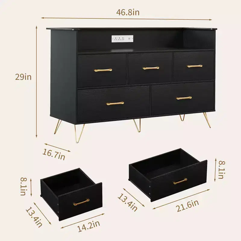 COZONY 5-Drawer Wood Dresser with Display Shelf, Modern Storage Cabinet for Bedroom Living Room Entryway