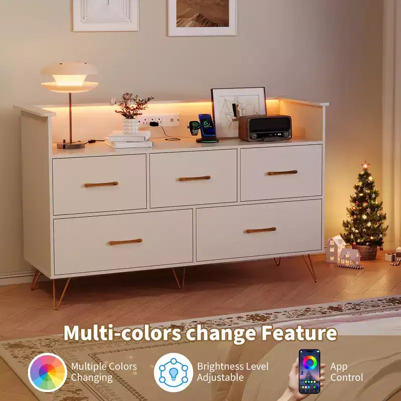 COZONY 5-Drawer Wood Dresser with Display Shelf, Modern Storage Cabinet for Bedroom Living Room Entryway