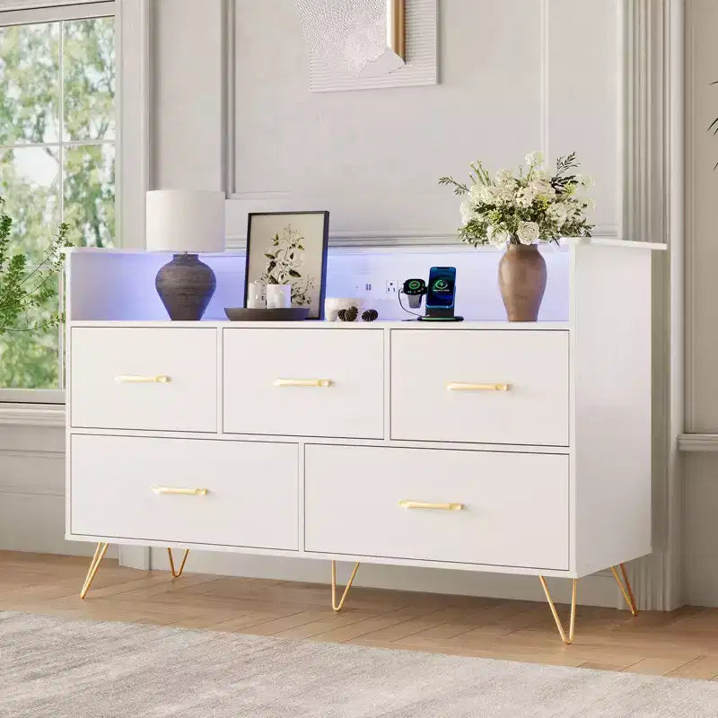 COZONY 5-Drawer Wood Dresser with Display Shelf, Modern Storage Cabinet for Bedroom Living Room Entryway