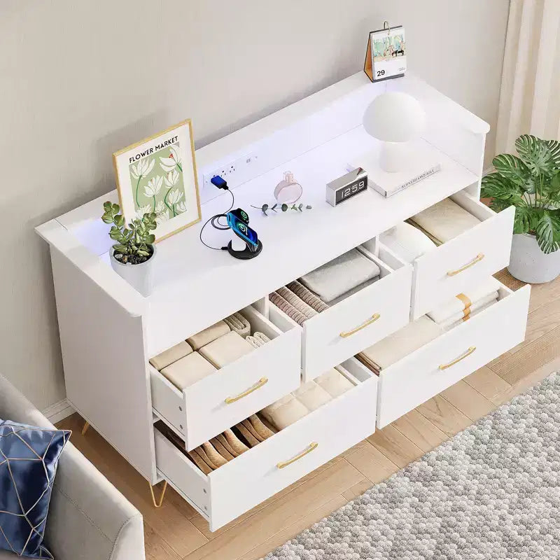 COZONY 5-Drawer Wood Dresser with Display Shelf, Modern Storage Cabinet for Bedroom Living Room Entryway