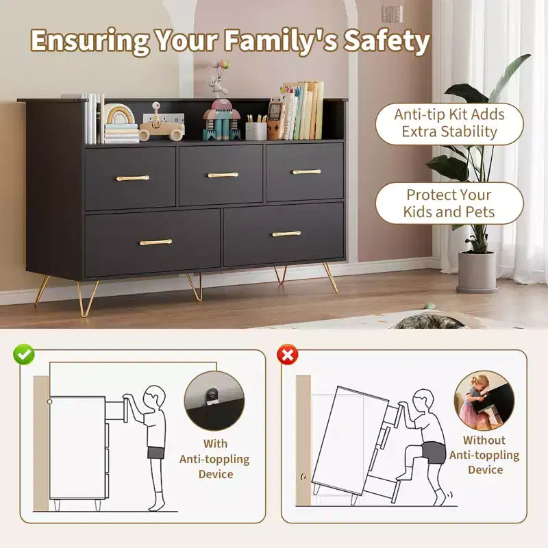 COZONY 5-Drawer Wood Dresser with Display Shelf, Modern Storage Cabinet for Bedroom Living Room Entryway