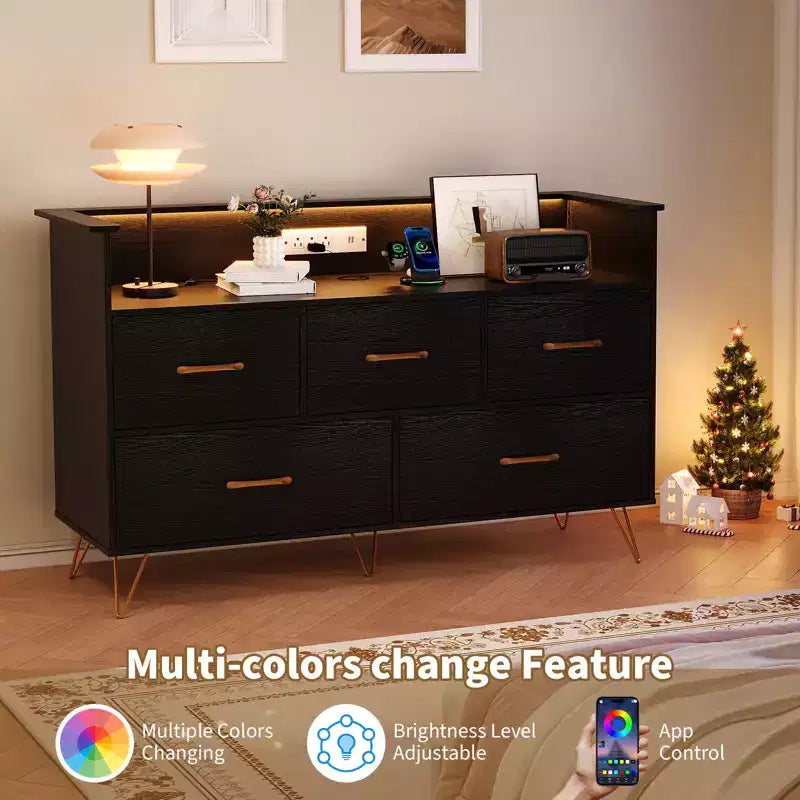 COZONY 5-Drawer Wood Dresser with Display Shelf, Modern Storage Cabinet for Bedroom Living Room Entryway