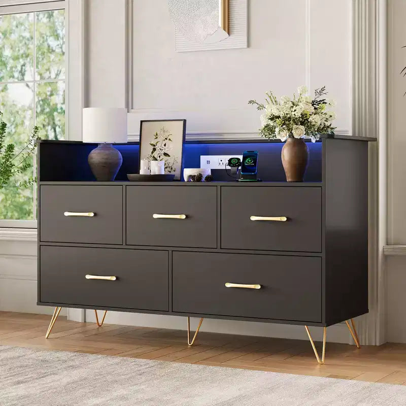 COZONY 5-Drawer Wood Dresser with Display Shelf, Modern Storage Cabinet for Bedroom Living Room Entryway