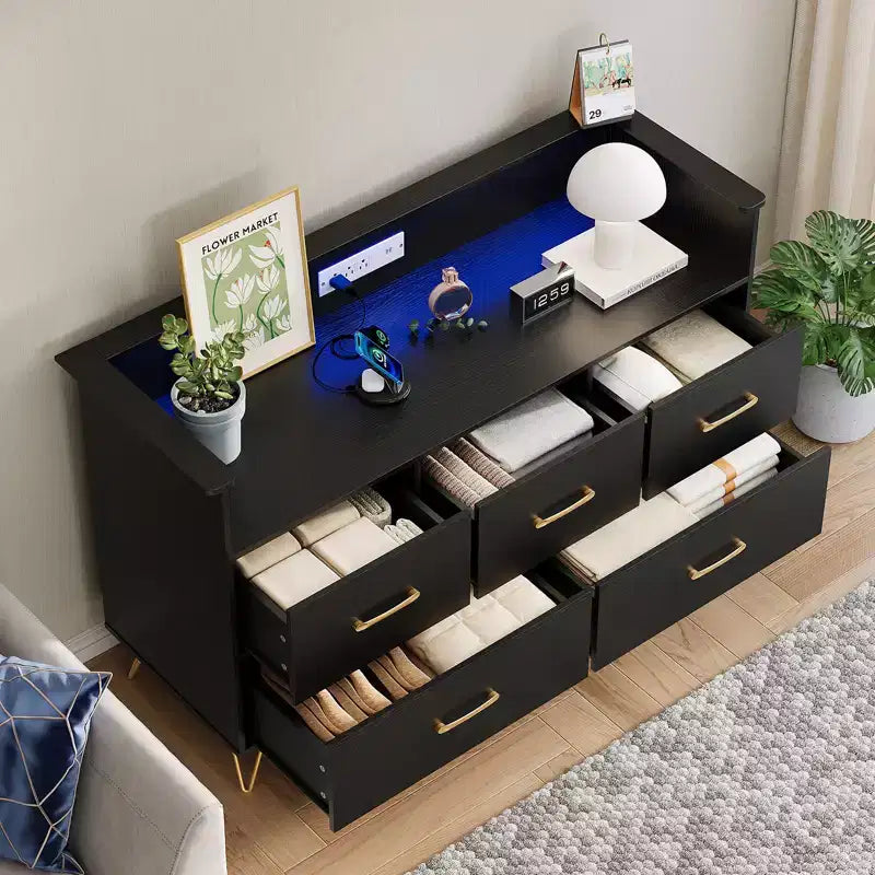 COZONY 5-Drawer Wood Dresser with Display Shelf, Modern Storage Cabinet for Bedroom Living Room Entryway