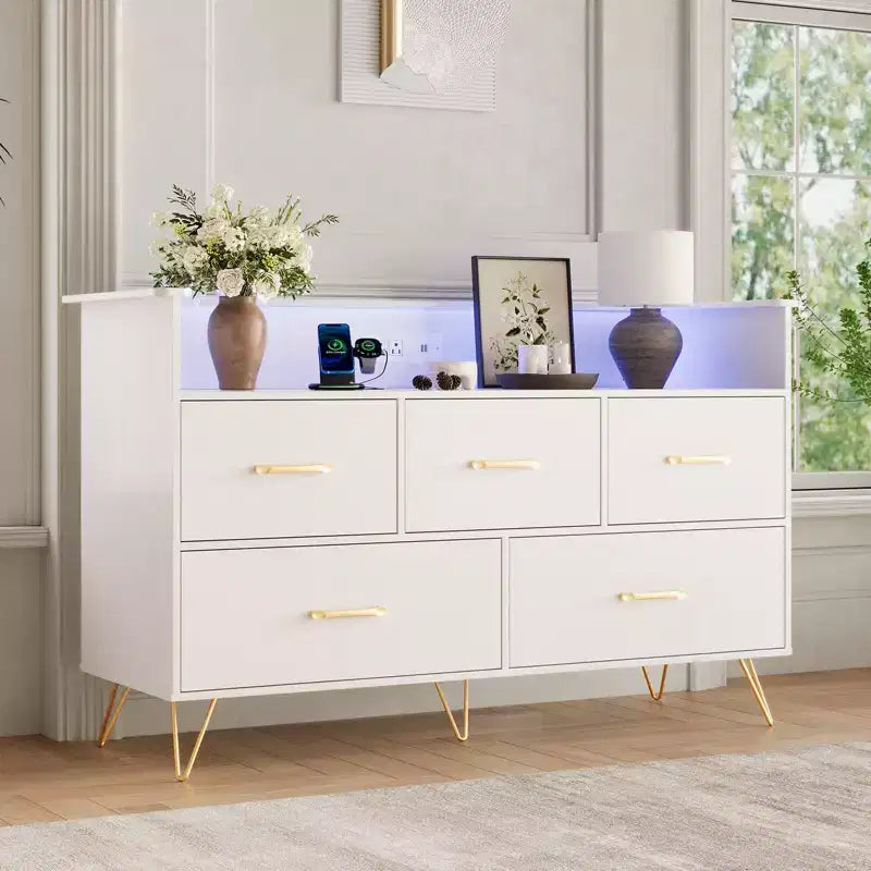 COZONY 5-Drawer Wood Dresser with Display Shelf, Modern Storage Cabinet for Bedroom Living Room Entryway