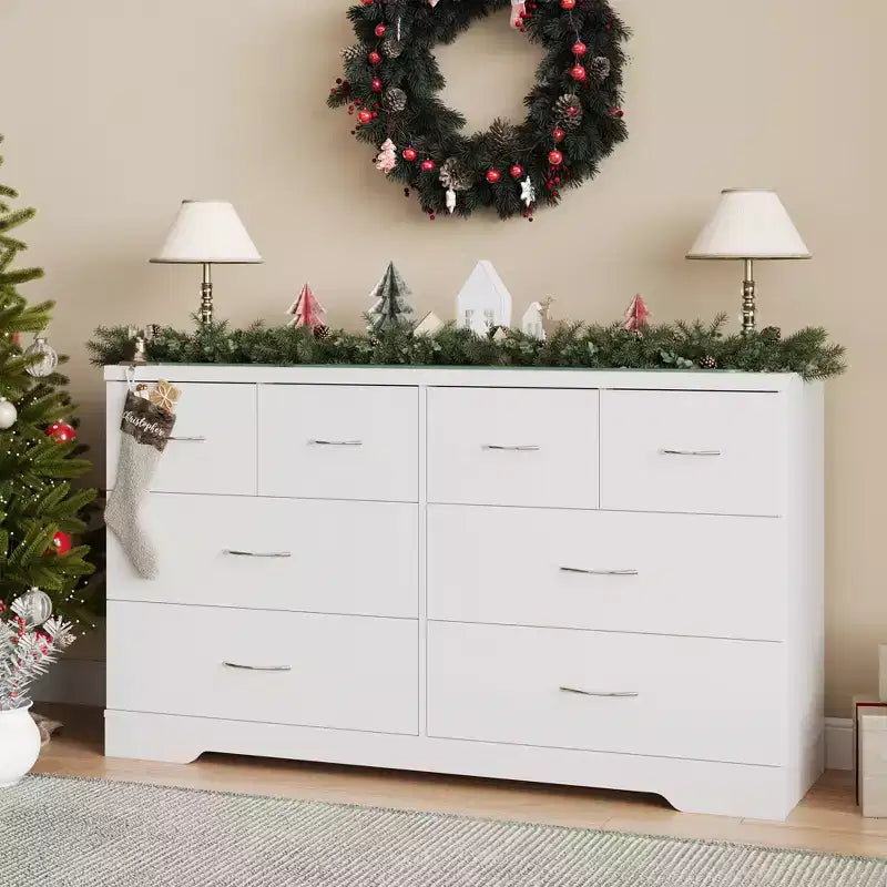 Heynemo Large 8 Drawer Dresser for Bedroom, 55 Wide Modern Chest of Drawers, Dresser TV Stand with Metal Handle, Wood Drawer Organizer, White