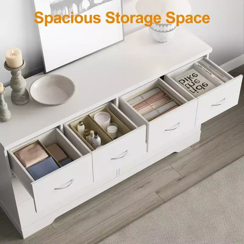 Heynemo Large 8 Drawer Dresser for Bedroom, 55 Wide Modern Chest of Drawers, Dresser TV Stand with Metal Handle, Wood Drawer Organizer, White