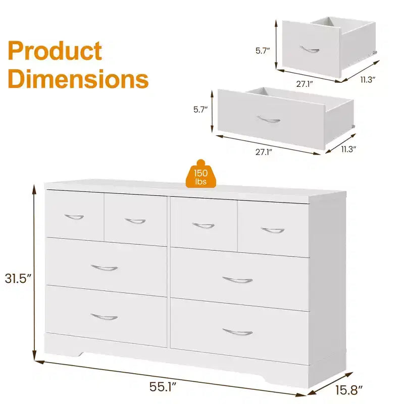Heynemo Large 8 Drawer Dresser for Bedroom, 55 Wide Modern Chest of Drawers, Dresser TV Stand with Metal Handle, Wood Drawer Organizer, White