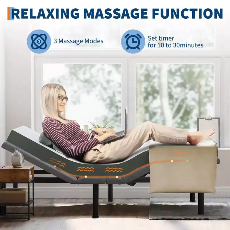 Adjustable Bed Frame with Massage Function - Electric Bed Base, LED Under-Bed Night Light, Zero-./Anti-Snoring/Memory Presets