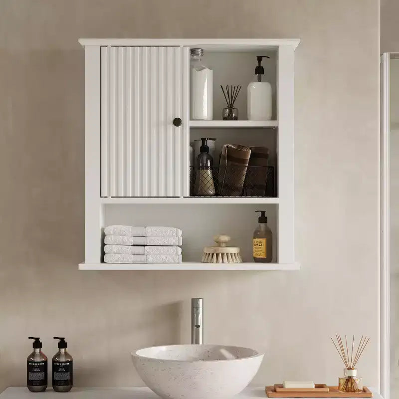 Heynemo Medicine Cabinet with Fluted Sliding Door, Bathroom Cabinet Wall Mounted with Adjustable Shelves, Over the Toilet Storage, TSCA & EPA, White